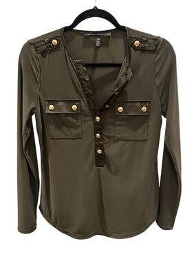 White House Black Market Olive Green Military-Style Blouse with Gold Buttons